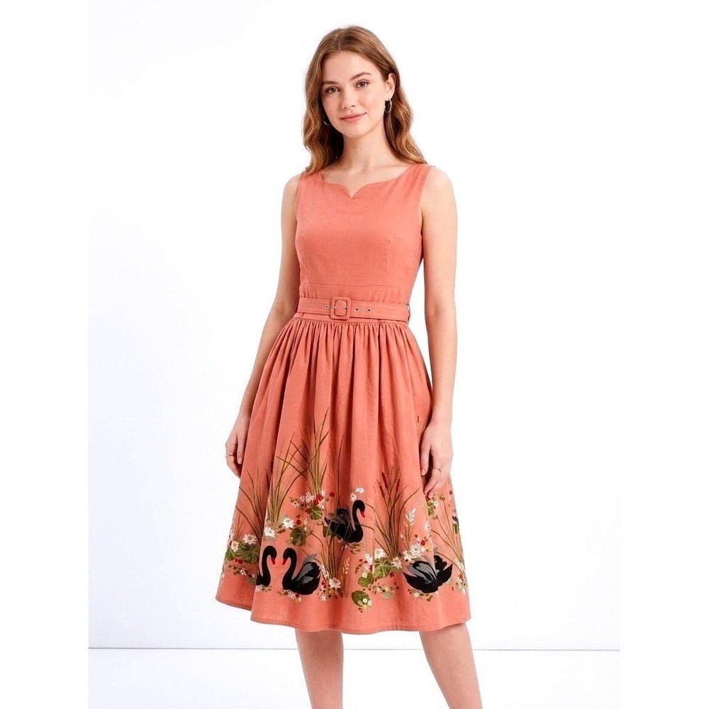 Lindy Bop | Delta Pink Swan Border Print Dress Retro 50s Fit Flare Belted | US 4